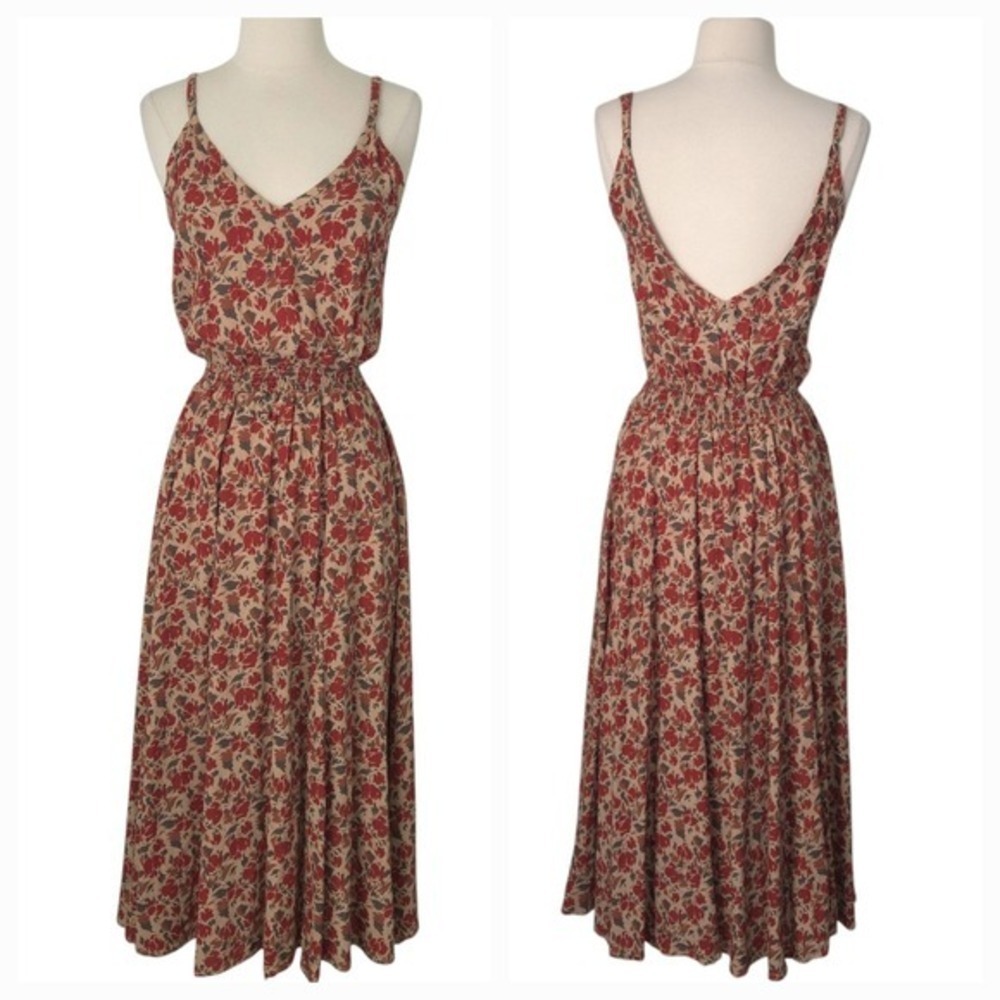 Pampelone Red Beige Floral Alisee Spaghetti Sleeveless Midi‎ Sundress Dress- XS